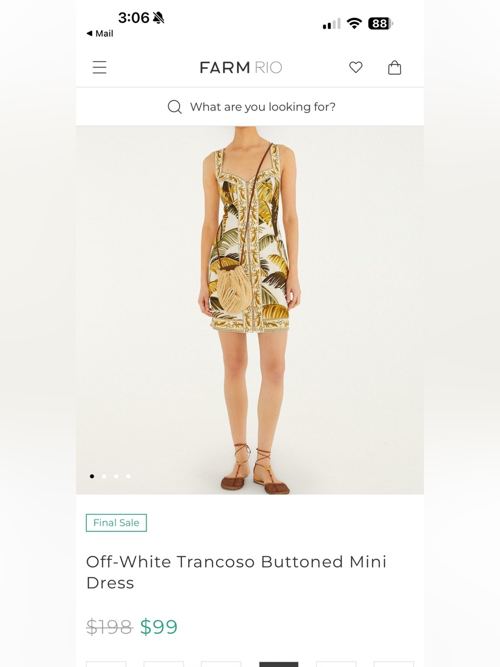 FARM Rio Off-White & Gold Tropical Leaf Buttoned Mini Dress